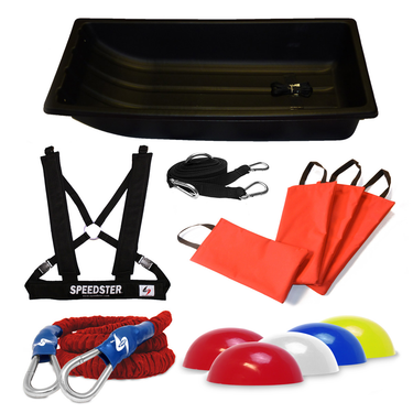 Speed training system that includes a sled, sand bags, towline, marker cones, harness and resistance bungee. Comes with a 4 week training guide.